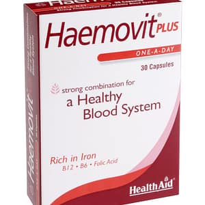 Health Aid Haemovit Plus Συμπλήρωμα Διατροφής 30caps. Ειδικά σχεδιασμένη φόρμουλα για ενισχυμένη πρόσληψη Σιδήρου με Βιταμίνη Β12, Φολικό οξύ, Ψευδαργύρο και Βιταμίνης C για υγιές αιμοποιητικό.