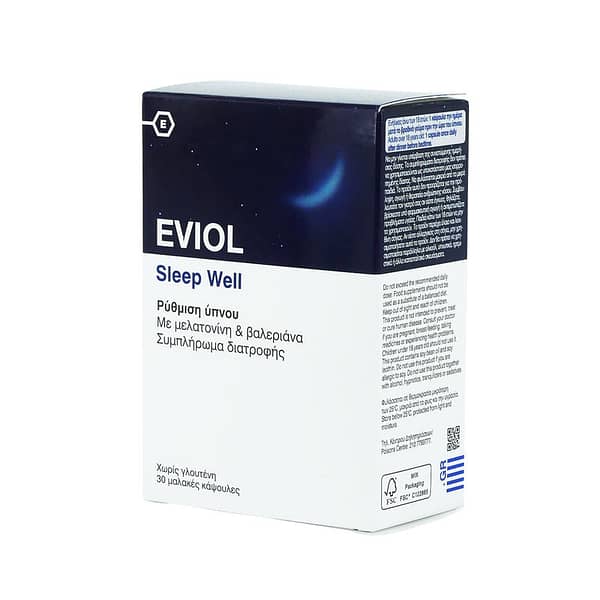 Eviol | Sleep Well | Συμπλήρωμα Διατροφής με Μελατονίνη & Βαλεριάνα για τη Ρύθμιση του Ύπνου | 30 Μαλακές Κάψουλες