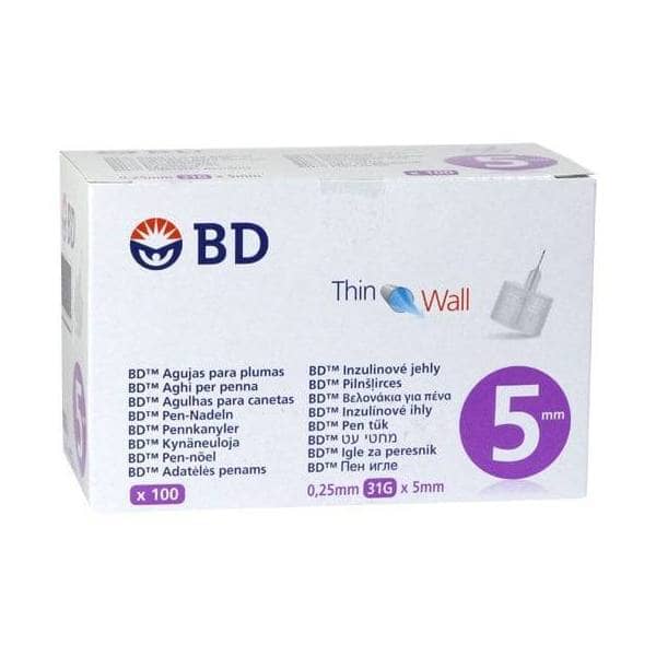 BD Thin Wall Αποστειρωμένες Βελόνες για Πένες Ινσουλίνης 31G 0,25 x 5mm 100τεμ.